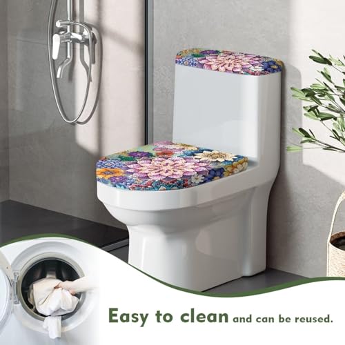 Toilet Tank Lid Cover Replacement Set of 2, Bathroom Toilet Covers Set with Elastic Bottom Fits Most Size Toilet Tanks & Lids Indoor Decoration, Boho Flower Blue Purple - color: Boho Flower Blue Purple