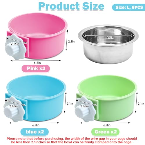 kathson Crate Dog Bowl, Removable Stainless Steel Hanging Pet Cage Bowl Food & Water Feeder Coop Cup for Cat, Puppy, Birds, Rats, Guinea Pigs (6 PCS, Size: L, 2×Blue,2×Green,2×Pink) - color: Size: Large (2×Blue, 2×Green, 2×Pink), size: 6 PCS