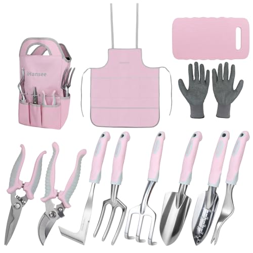 Pink Garden Tool Sets 12 Pieces, iHansee Aluminum Gardening Hand Tools with Non-Slip Handle, Kneeling Pad, Apron, Gloves and Organizer Bag, Landscaping Tools - Gift for Women & Garden Enthusiasts - style: Pink