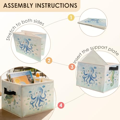 Blue Coastal Beach Animal Storage Bins Box with Handles, Sea Turtle Octopus Seahorse Nautical Ocean Foldable Basket Toybox for Kids Room Nursery Bathroom Home Clothes Toys Books - color: color-1