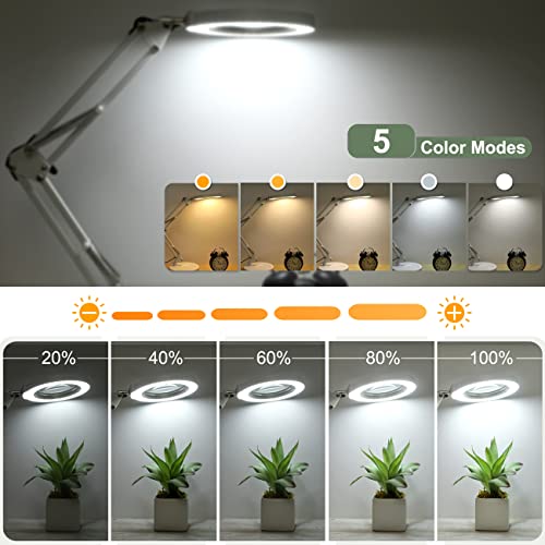 12X Magnifying Glass with Light and Stand, Upgrade Button 5 Color Modes Stepless Dimmable, 2-in-1 LED Lighted Magnifier Light, Hands Free Desk Lamp with Clamp for Craft Hobby Close Work - White - color: White, size: 12X 17.8inch Base & Clamp