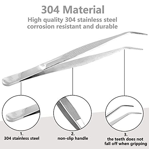 2PCS 8 Inch Stainless Steel Tweezers with Curved Serrated Tip Heavy Duty Tweezer Tongs for Cooking Crafting Repairing - size: 8 Inch