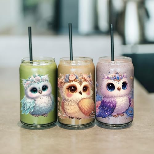arricraft 10 Sheets UV DTF Cup Wrap for 16OZ Glass, Cute Shiny Owl Rub on Decals PVC Transfer Stickers for DIY Cups Wood Funiture 24x11cm/9.4x4.3inch - style: Cute Shiny Owl Theme