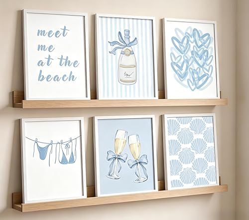 Gschupy Coastal Wall Art Set of 6, Light Blue Beach Decor Pictures with Champagne & Shell Pattern, Unframed Poster Canvas Prints for Bedroom Living Room, Summer Vacation Coastal Home Decor 8x10 Inch - color: Champagne, size: 8x10in