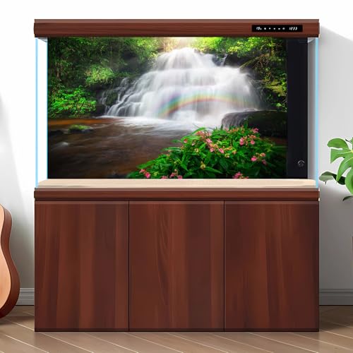Waterfall Aquarium Background Rainforest Under Sunbeams Rainbows Terrarium Backgrounds Jungle Forest Stream Theme Fish Tank Backgrounds Falls Cascading Reptile Tank Enclosure Backgrounds 24x12in - color: Green_Pink, size: 24(W)x12(H)inches/ 60(W)*30cm(H)