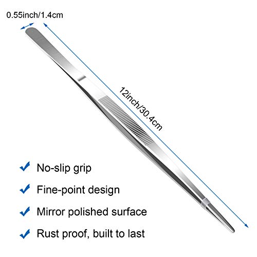 AHIER 12inch Kitchen tweezer Stainless Steel, Long tweezer with Precision Serrated Tips for Cooking Pincette for Sea food, Bar Tweezer - size: 12"