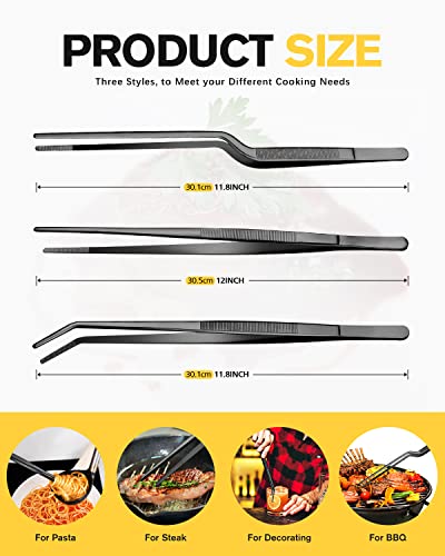 Fine Cooking Tweezers Set, Professional Stainless Steel Food Tongs, Kitchen Black Long Chef Tweezer for Cooking, Plating, Decorating and BBQ (BLACK, 12 inch) - color: Black, size: 12 inch