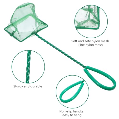 2 PCS 4 Inch Fish Net Aquarium, Green Square Fish Tank Net Fine Mesh Quick Catch Fish Nets Aquarium Fishes Nets with 9.8 Inch Braided Metal Handle for Fishes Tanks Small Ponds and Pools