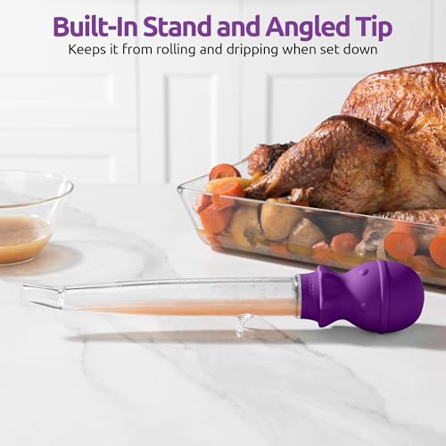 U-Taste 1.5oz Angled Turkey Baster - 228.2ºF Heat Resistant Food Grade Tritan and Silicone Large Octopus Bulb Baster Set with Cleaning Brush for Cooking Basting Meat Poultry Beef Chicken (Purple) - color: Purple