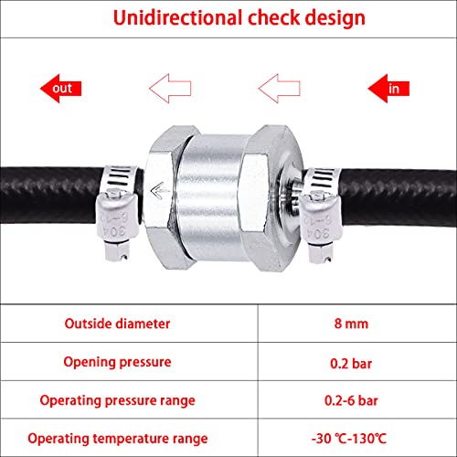 mxuteuk 2Pcs 5/16" 8mm Aluminium Silver Non Return One Way Check Valve with 4Pcs 6-12mm Universal Adjustable Hose Clamps for Fuel Petrol Diesel Line Oil M-H-032-8mm - color: Silver, size: 5/16" 8mm