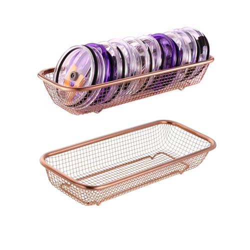 2Pack Stainless Steel Tumbler Cup Lid Organizer Inside Cabinet, Mason Jar Lid H, Rectangular Basket for Storage of Silverware, Chopsticks, straws and Utensils, Rosegold - style: RoseGoldModern-2pack