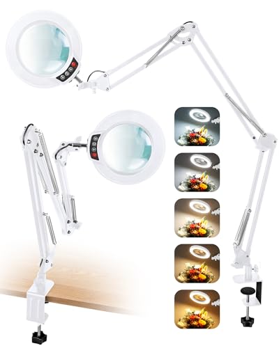 12X Magnifying Glass with Light and Clamp, Ultra Long 3 Section Swing Arm LED Desk Lamp, Real Glass Lens, 5 Color Modes Dimmable, Hands Free Lighted Magnifier with Stand for Repair Crafts - White - color: White, size: 12X 36inch Clamp