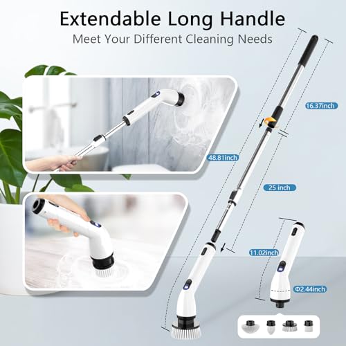 Electric Spin Scrubber, Full-Body IPX7 Waterproof Bathroom Scrubber with Power LCD Display, Adjustable Extension Handle, Cordless Shower Cleaner Brush for Bathtub Kitchen Wall Cleaning - color: Black