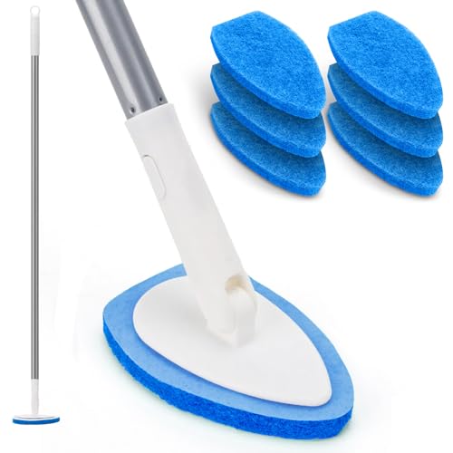 Shower Scrubber, Bathroom Tub and Tile Cleaner Brush with Long Handle, 47'' Bathtub Cleaning Tool with 6 Refill Pads - color: Blue, size: Scrubber with Long handle