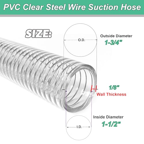 Wire Reinforced Hose 1-1/2" id - 5ft Clear High Pressure Suction Line Plastic Vinyl Tubing with Spiral Steel Wire Suction Hose, Drain Water Fuel Powder - size: 1-1/2"ID, style: 5 feet