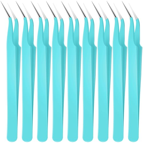 Honoson 9 Pieces Curved Pointed Craft Tweezers Stainless Steel Precision Tweezer with Protective Cover for Rhinestones Dried Flowers Craft Stickers Eyelash Extension Jewelry Making(Blue) - color: Blue