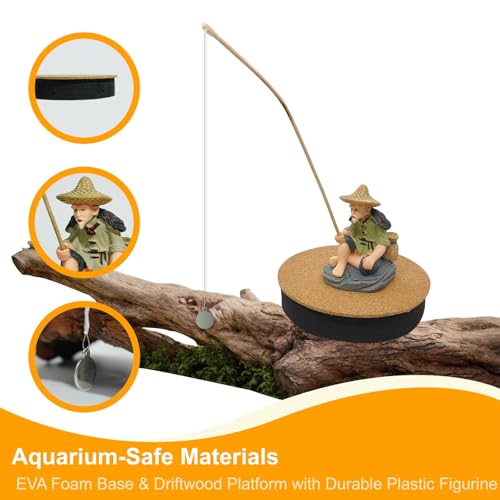 NIIIYTYB Floating Fish Tank Decorations Resin Fisherman Aquarium Decor Island Figurine with Mini Fishing Rod Funny Cool for Betta Bowl Zen Aquariums Small Fish Ornaments Interactive Decor