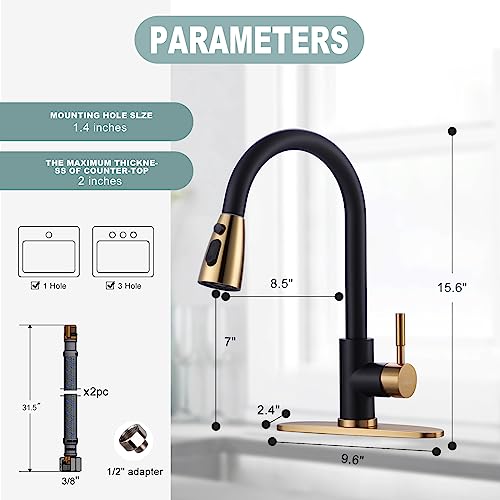 Black and Gold Kitchen Faucet with Sprayer, WOWOW Kitchen Sink Faucet Stainless Steel Single Handle Kitchen Faucets with Deck Plate, 360 Swivel High Arc Single Hole RV Kitchen Faucet - color: Black & Gold, style: Kitchen Faucet