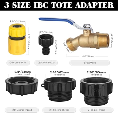 IBC Tote Hose Adapter 275-330 Gallon IBC Tote Water Tank Fittings, 3/4" NPT to 3/4" GHT Lead-Free Compliant Brass Garden Hose Faucet with 2.44 "fine, 2" fine and 2 "coarse Thread Adapter - color: High Flow Valve