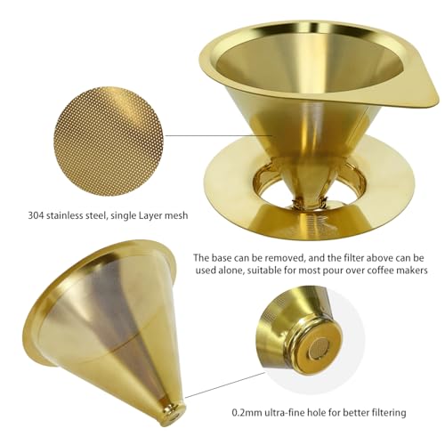 LHS Pour Over Coffee Dripper Reusable Coffee Filter Paperless Coffee Filter Stainless Steel Pour Over Coffee Maker Cone Coffee Dripper for 1-2 Cup,Gold - color: single mesh 1-2 cups Gold