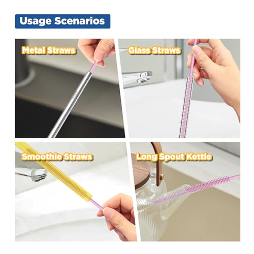 YOTIME Silicone Straw Cleaner Brush, 2Pcs Reusable Straw Brush Extra Long for Cleaning Tumbler with Handle and Glass Metal Smoothie Straws, Non-slip Handle Soft and Bendable, 6mm+9mm, Pink - color: Pink