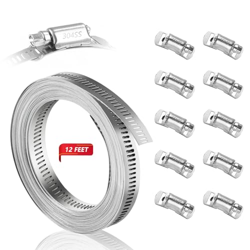304 Stainless Steel Hose Clamp Assortment Kit DIY, Cut-To-Fit 12 FT Metal Strap+10pcs Stronger Fasteners,Large Adjustable Worm Gear Band Hose Clamps Screw Clamps Duct Pipe Metal Clamp Strapping - size: 12 FT Metal Strap + 10 Fasteners