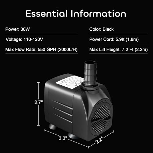 GROWNEER 550GPH Submersible Pump 30W Fountain Water Pump, 2000L/H, with 7.2ft High Lift, 3 Nozzles for Aquarium, Fish Tank, Pond, Hydroponics, Statuary (Pack of 2) - size: 550 GPH (Pack of 2)