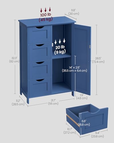 VASAGLE Storage Cabinet with Drawers, Freestanding Floor Cabinet with Door, 11.8 x 21.7 x 32.3 Inches, Adjustable Shelf, for Bathroom, Living Room, Kitchen, Bijou Blue ULHC041QE01S - color: Bijou Blue, style: 1 Door + 4 Drawers（32.3"）