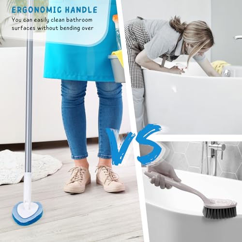 Shower Scrubber, Bathroom Tub and Tile Cleaner Brush with Long Handle, 47'' Bathtub Cleaning Tool with 6 Refill Pads - color: Blue, size: Scrubber with Long handle