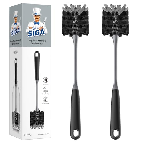 MR.SIGA Long Handle Bottle Brush, Flexible Scrub Brush for Water Bottles, Glasswares, Mugs, Black, 2 Pack - color: Black