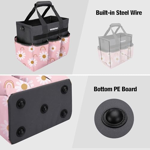 WORKPRO Garden Tool Bag Organizer, Heavy Duty Gardening Tote Bag with 10 Pockets and Long Adjustable Shoulder Strap, Standable Garden Home Tool Kits Organizer, Floral Pink - Pink Ribbon - color: Floral Pink