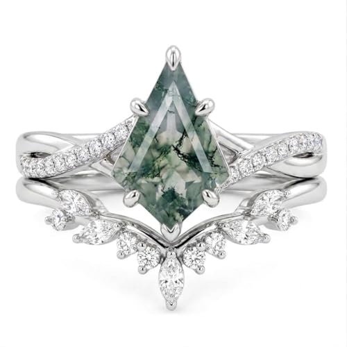 Natural Moss Agate Engagement Ring Set for Women, Unique Genuine Moss Agate Ring, 925 Sterling Silver 10K 14K 18K Solid Gold Nature Inspired Bridal Set, Boho Wedding Jewelry Gift - color: Six