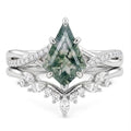 Natural Moss Agate Engagement Ring Set for Women, Unique Genuine Moss Agate Ring, 925 Sterling Silver 10K 14K 18K Solid Gold Nature Inspired Bridal Set, Boho Wedding Jewelry Gift - color: Six
