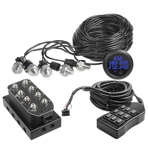 12V Solenoid Valve Air Ride Suspension manifold 8-Valve With 5M 9-switch Wired Remote Controller, equipped with five display air pressure gauge blue - color: Blue Gauge