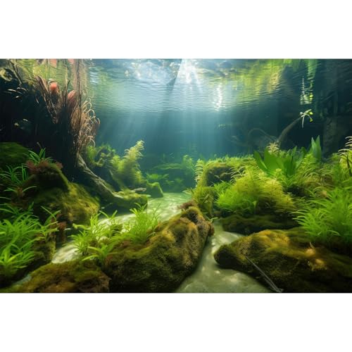 Underwater Aquarium Background Underwater Aquatic Plants with Sunbeams Fish Tank Background Rock with Lush Moss Terrarium Background Aquarium Backdrop For Tank Decorations Poster Vinyl 36x18in - color: Moss Green, size: 36(W)x18(H)in