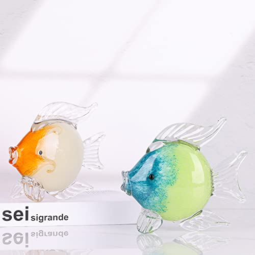 Large Glass Fish Figurines Hand Blown Glass Fish Statue and Sculpture Home Decor, Murano Animal Tropical Sea Glass Paperweights for Desk, Glass Aquarium Coastal Beach Decorative (light Orange) - color: Light Orange