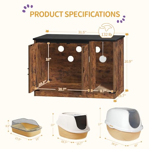 Hzuaneri Cat Litter Box Enclosure, Hidden Litter Box Cabinet Furniture with Bell, Indoor Cats House, Farmhouse Style, 31.5 x 19.7 x 20.9Inches, for Hallway, Bedroom, Rustic Brown and Black CB82401X - color: Rustic Brown and Black, size: 31.5"L x 19.7"W x