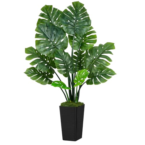 UPBUD Artificial Monstera Deliciosa Plant, 5FT Fake Monstera Tree with 12 Lifelike Leaves & Black Pot, 60in Tall Faux Floor Trees Fake Plants for Indoor Office Porch Living Room Windowsill Decor - color: Green Leaves Black Planter