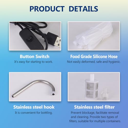 Portable Food Grade USB Electric Auto Siphon Self Priming Pump for Bottling Home Brew Wine,Beer,Beverages and Kombucha, DC 5v Mini Water Transfer Pump Kit with Hook,2LPM No Mess Leak,Low Noise - color: White Button-Switch With Hook