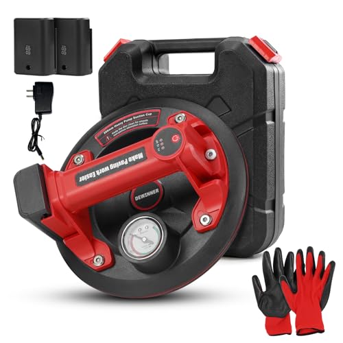 DEWINNER 8" Electric Vacuum Suction Cup with Pressure Gauge,Heavy Duty Glass Lifter,Industrial Strength Suction Cup,Auto Start Pump for Glass,Granite,Tile,Metal,300KG/660LBS Load Capacity - color: Red2 with 2 batteries