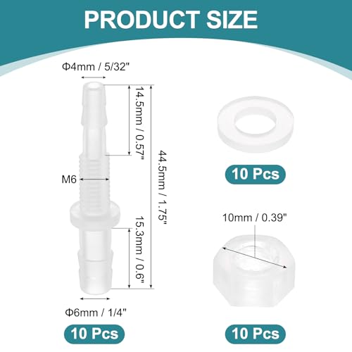 uxcell 10Pcs Plastic Hose Barb Fitting, 5/32" x 1/4" Bulkhead Adapter Union Splicer Mender Pipe Connector with M6 Nut and Washer for Aquarium Air Water Fuel - size: 5/32" x 1/4", M6 Nut