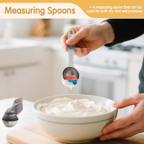 Magnetic Measuring Cups and Spoons Set, 5 Stainless Steel Measuring Cups, 7 Magnetic Measuring Spoons & 1 Leveler, 3 Plastic Measuring Cup with 1 Measuring Conversion Chart - color: Silver