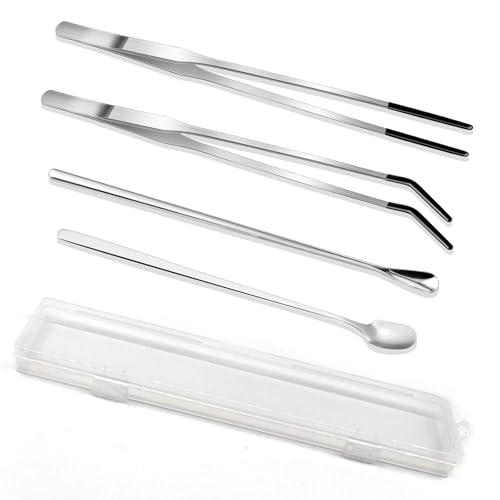 4-Piece Stainless Steel Reptile Feeding Tongs & Spoons Set with Case: 10.5"" Curved/Straight Tweezers, 7"" Spoons, Rubber Tips for Bearded Dragons, Aquarium/Terrarium Safe Feeding Tools