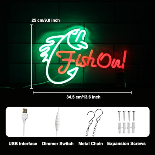 Fish On Neon Sign Go Fishing LED Signs for Wall Green Red Neon Light Dimmable Neon Lights Signs Fish Neon Light Up Sign for Bedroom Living Room Man Cave Yacht Decor Men Gifts - color: Green Red