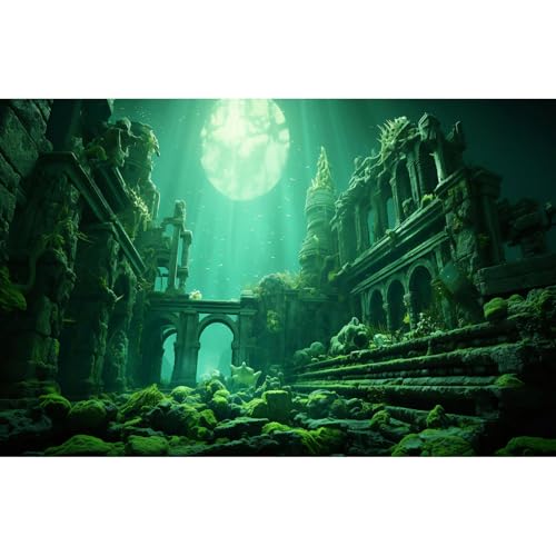 Underwater Aquarium Background Undersea Roman Building with Plants Around Seabed Fish Tank Background Underwater Building Stone with Moss Terrarium Background Undersea Aquarium Backdrop 24x16in - color: Ocean Green, size: 24(W)x16(H)in