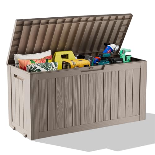 PatioZen 75 Gallon Resin Deck Box, Lockable Patio Outdoor Storage Box for Furniture, Garden Tools and Tools Storage, Waterproof Outside Storage Boxes - Grey - color: Grey, size: 75 Gallon