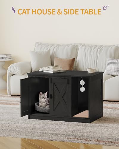 Hzuaneri Cat Litter Box Enclosure, Hidden Litter Box Cabinet Furniture with Bell, Indoor Cat House, Farmhouse Style, 31.5 x 19.7 x 20.9Inches, for Hallway, Bedroom, Black CB82404X - color: Black, size: 31.5"L x 19.7"W x 20.9"H