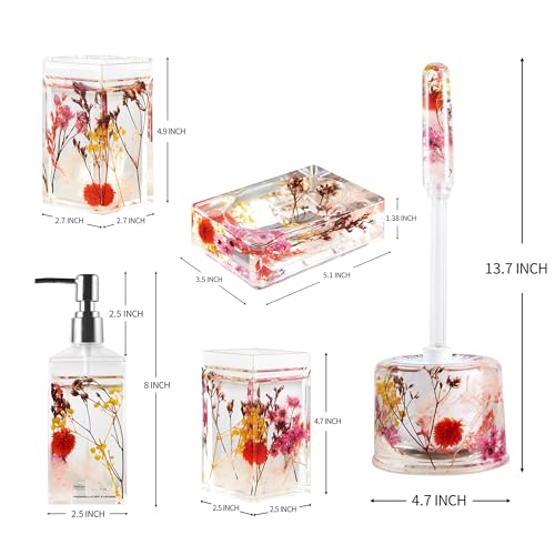 Locco Decor Bathroom Vanity Accessory Set Acrylic Liquid 3D Floating Motion Toothbrush Holder, Tumbler, Soap Dispenser, Soap Dish, Toilet brush, 5-Piece Accessory Set Garden Botanic Pink Plants - size: 5-piece, style: Pink Plant