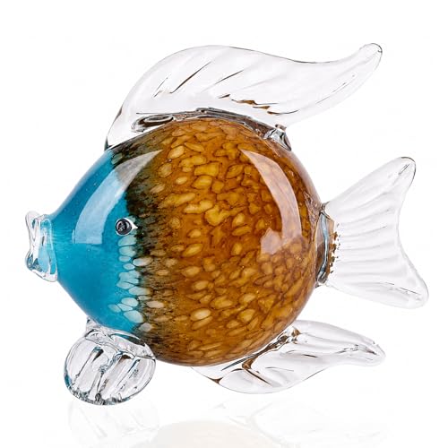 QIANLING Glass Fish Figurines - Coastal Home Decor, Modern Ocean Centerpieces for Living Room, Dining Area, Bathroom, Office, Coffee Table, Beach House, Nautical, Seaside, Entrance, Shelf Display - color: Blue & Brown Fish