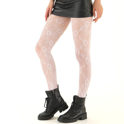 EVERSWE High Waist Fishnet Tights, Thigh High Suspender Stockings - color: Flower-a3-white, size: Small-Medium